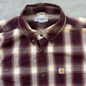 CARHARTT Button Up Shirt Mens Size Large Relaxed Fit Plaid Short Sleeve Maroon